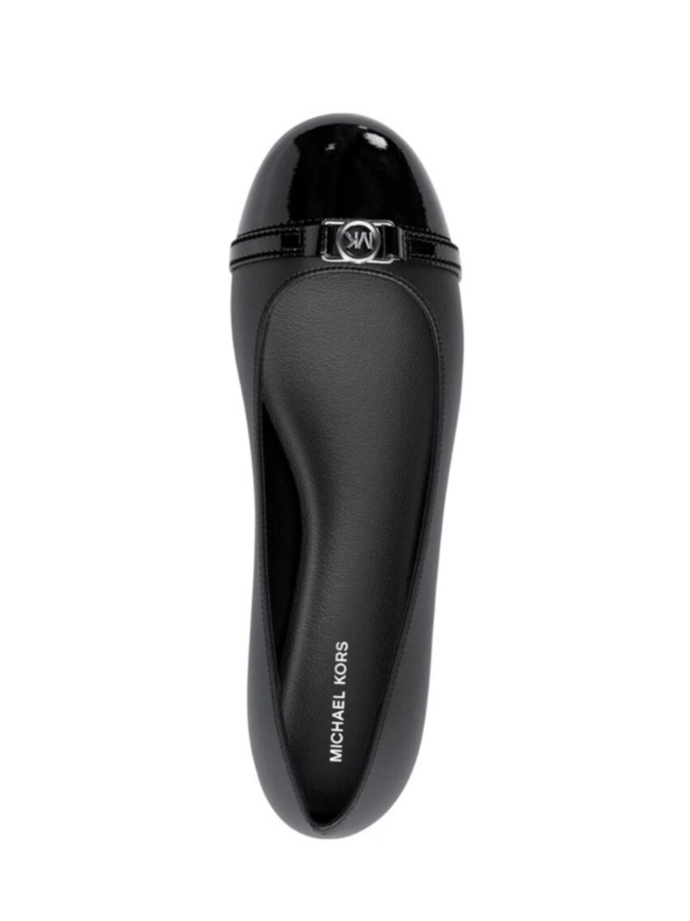 Michael Kors Mandy Black Leather Ballet Flat with Patent Toe and Logo Accent